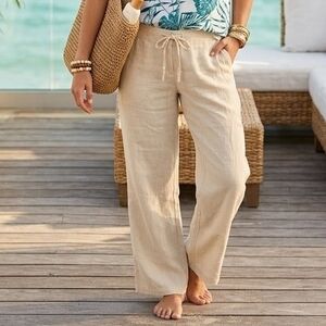 Tommy Bahama Khaki Beige Two Palms Linen Drawstring Pants Size 8 Vacation